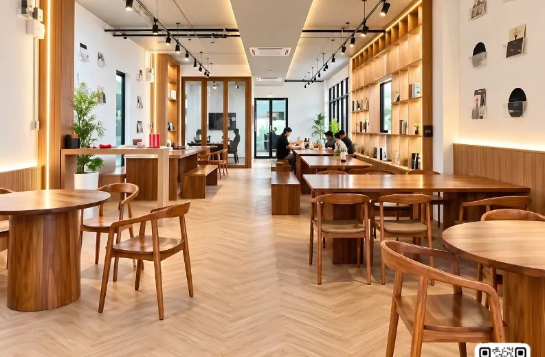 บรรยากาศในร้าน SHIFT Café โต๊ะไม้และที่นั่งทำงาน